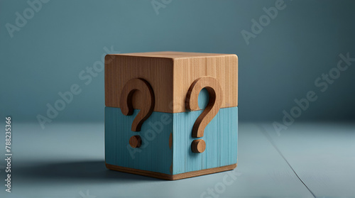 Illustration question mark symbol on wooden cube isolated on light blue background, Frequently asked questions for websites, social media business networks issues,Space for text, Generative.AI