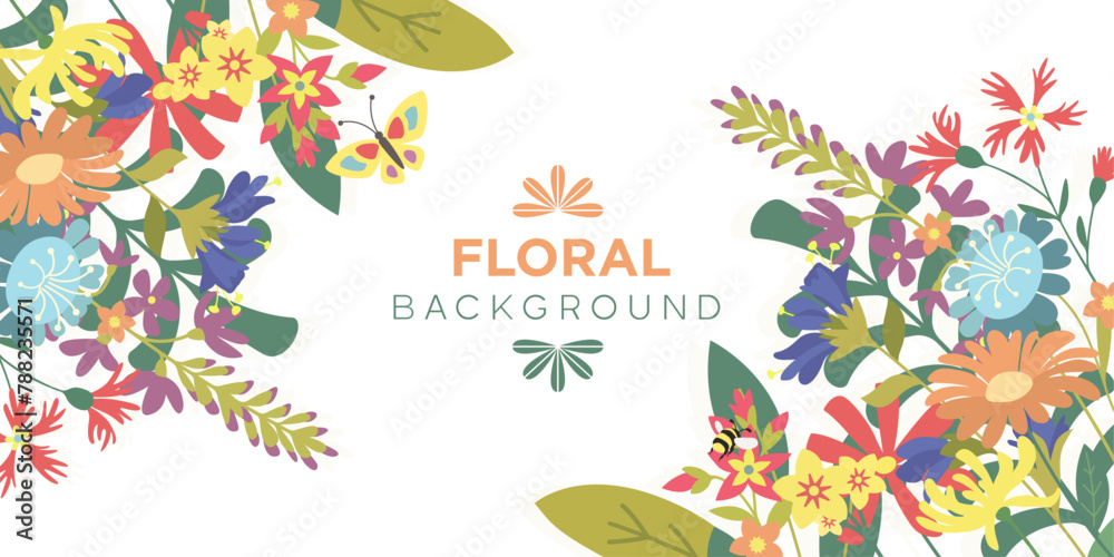 Background frame with blooming meadow flowers, butterfly and bumblebee in vector, flat style.