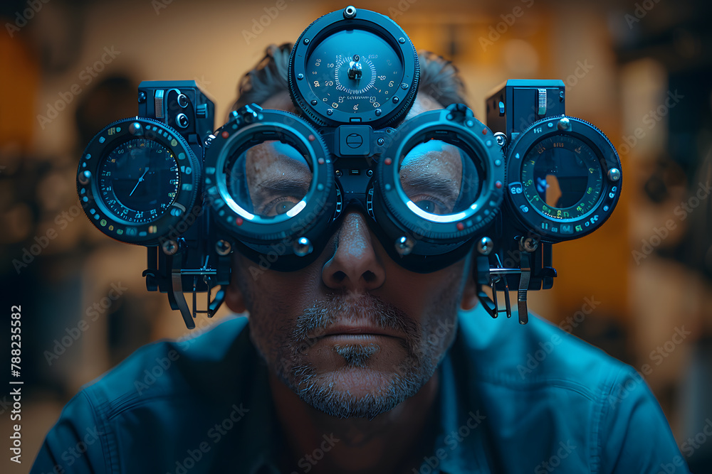 Eye test, exam or screening with an ophthalmoscope and an optometrist ...