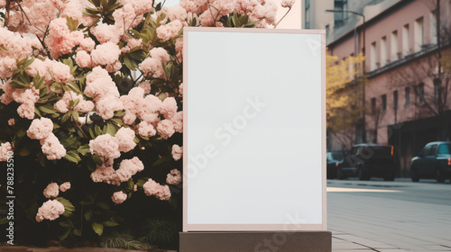 Vertical billboard surrounded by blooming pink hydrangeas mockup photography. City street attractive template advertising outdoors. Urban promotional concept mock up photorealistic image