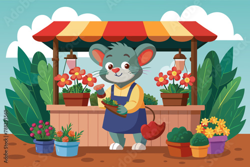 A mouse selling flowers from a tiny market stall