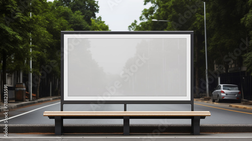 Spacious bus stop with large blank ad space mockup photography. Tree-lined urban avenue  template advertising outdoors. Commute city life promotional concept mock up photorealistic image