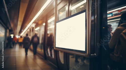 Illuminated ads space in busy underground station mockup photography. Blurred motion of commuters template advertising inside. Subway promotional concept mock up photorealistic image