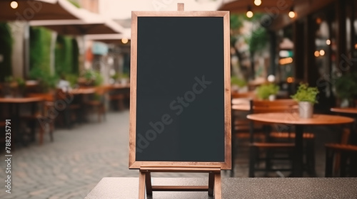 Wooden easel with blackboard on cobblestone street cafe mockup photography. Bistro board menu template advertising outdoor. Small business promotional concept mock up photorealistic image photo