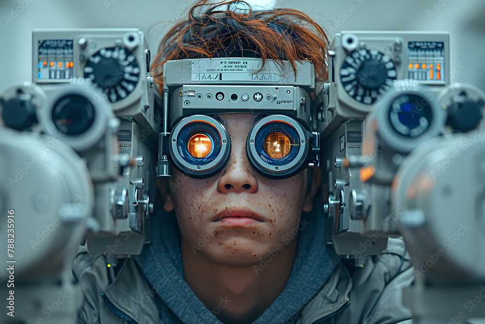 Eye test, exam or screening with an ophthalmoscope and an optometrist ...