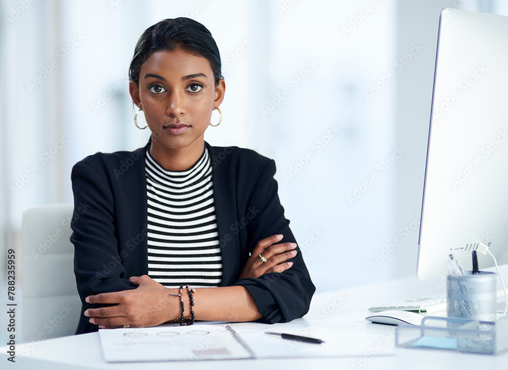 Portrait, business and woman at desk with arms crossed, accountant and professional with computer. Face, financial advisor and economist with confidence and pc with corporate job, broker and employee Portrait, business and woman at desk with arms crossed, accountant and professional with computer. Face, financial advisor and economist with confidence and pc with corporate job, broker and employee