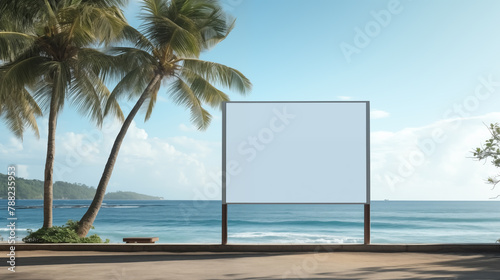 Blank billboard stands before serene beach mockup photography. Swaying palm trees template advertising outdoors. Sandy shore oceanside promotional concept mock up photorealistic image photo