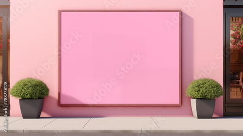 Minimalist shop front with large pink backdrop mockup photography. Trimmed shrub pots, template advertising outdoors. Modern shopfront promotional concept mock up photorealistic image photo