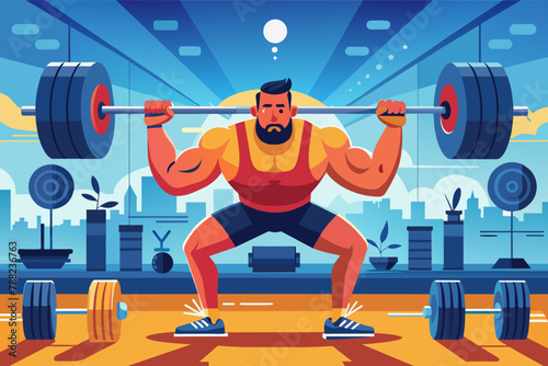 A powerful weightlifter in action for a fitness center, Man weight lifting vector illustration