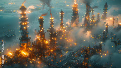a massive industrial refinery, featuring intricate piping systems and engulfed in a chemical haze, illuminated by the artificial glow of halogen lights photo