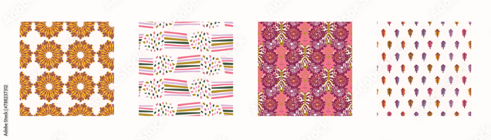 Retro geo botanical vector pattern collection in elegant style. Luxury print textur for beautiful feminine wallpaper decor set. Multicolor 70s leaf design. Retro geo botanical vector pattern collection in elegant style. Luxury print textur for beautiful feminine wallpaper decor set. Multicolor 70s leaf design.