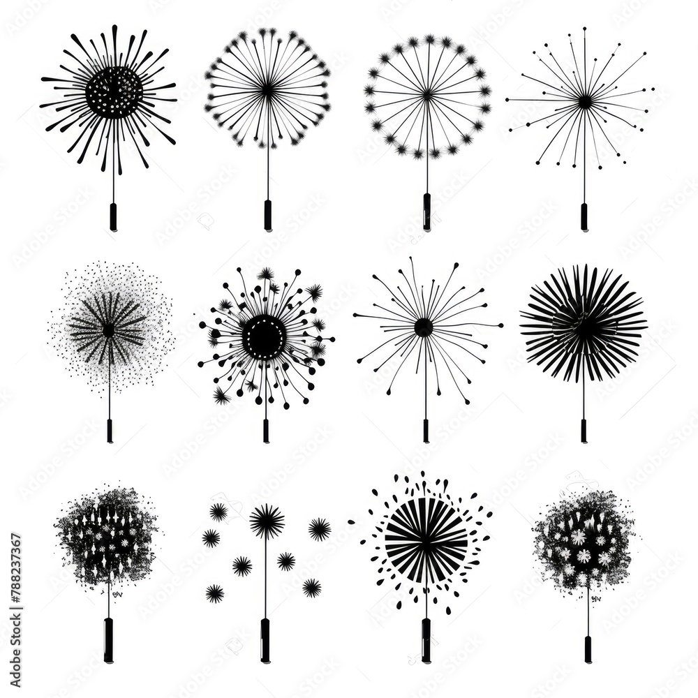 Obraz premium A monochromatic collection of abstract illustrations reminiscent of fireworks or dandelions