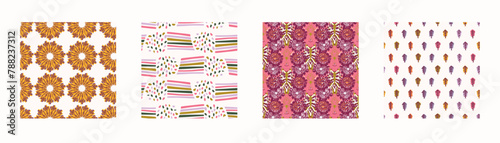 Retro geo botanical vector pattern collection in elegant style. Luxury print textur for beautiful feminine wallpaper decor set. Multicolor 70s leaf design. 