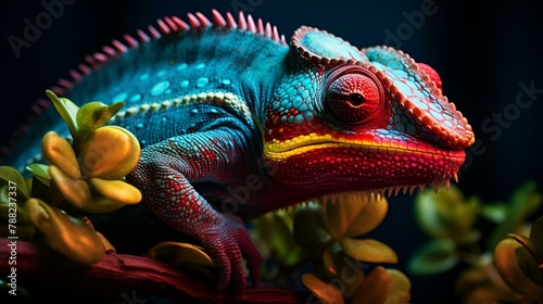 A vibrant reptile perched on a branch with its vibrant colors on display  © Micro