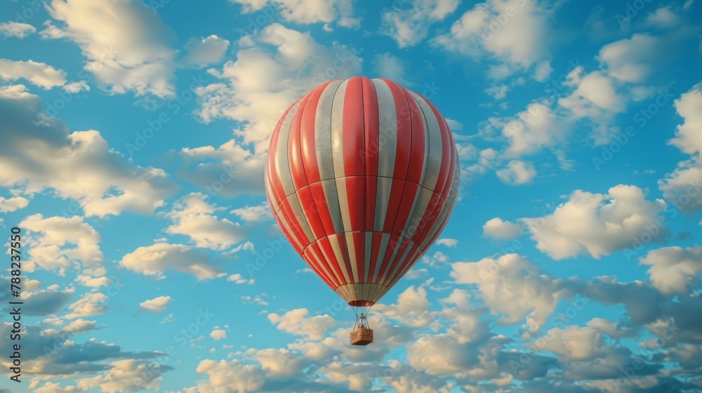 Naklejka premium Striped balloon floating in the bright blue sky