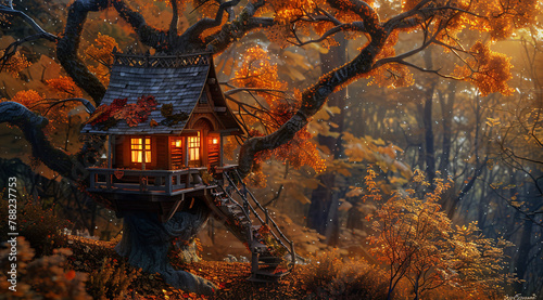 Charming Wooden Treehouse in Misty Autumnal Forest. A serene, fairy-tale world where cozy wooden house nestle high within the branches of trees cloaked in autumn's golden hues. The treehouse glows wit
