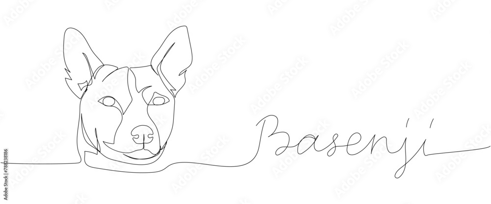 basenji, Zande dog, bongo terrier, hunting dog one line art. Continuous line drawing of friend, dog, friendship, care, pet, animal, family, canine with inscription, lettering, handwritten.