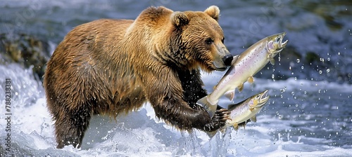 Bear catching salmon as fish leap from water, watching bear consume its fresh salmon catch photo