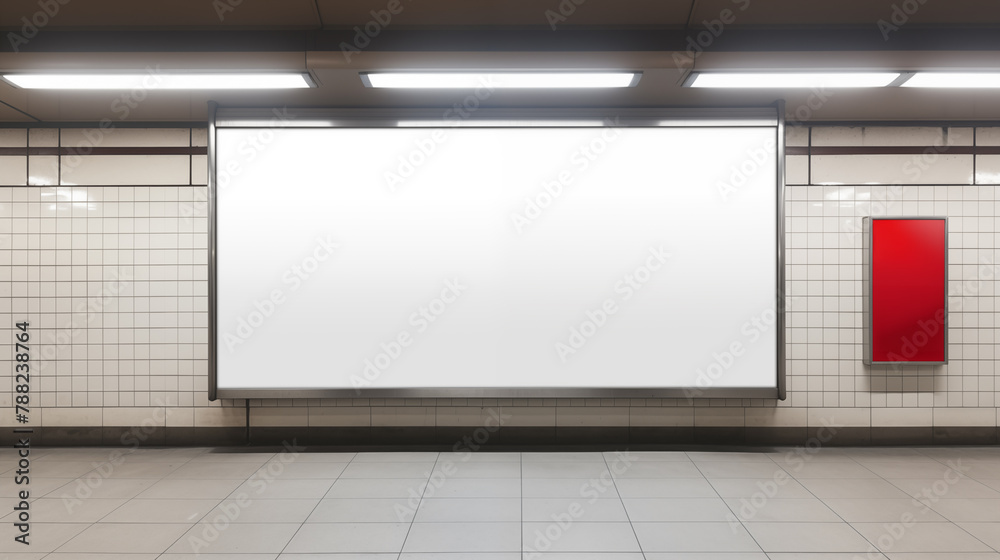 Large white billboard beside contrasting red poster mockup photography. Spacious subway platform template advertising inside. Commercial business promotional concept mock up image