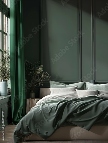 Luxury bedroom in premium modern interior design home or hotel. Deep color green trend - dark emerald viridian walls and gray accent style bed. Empty background . Mockup for art or decor. 3d rendering
