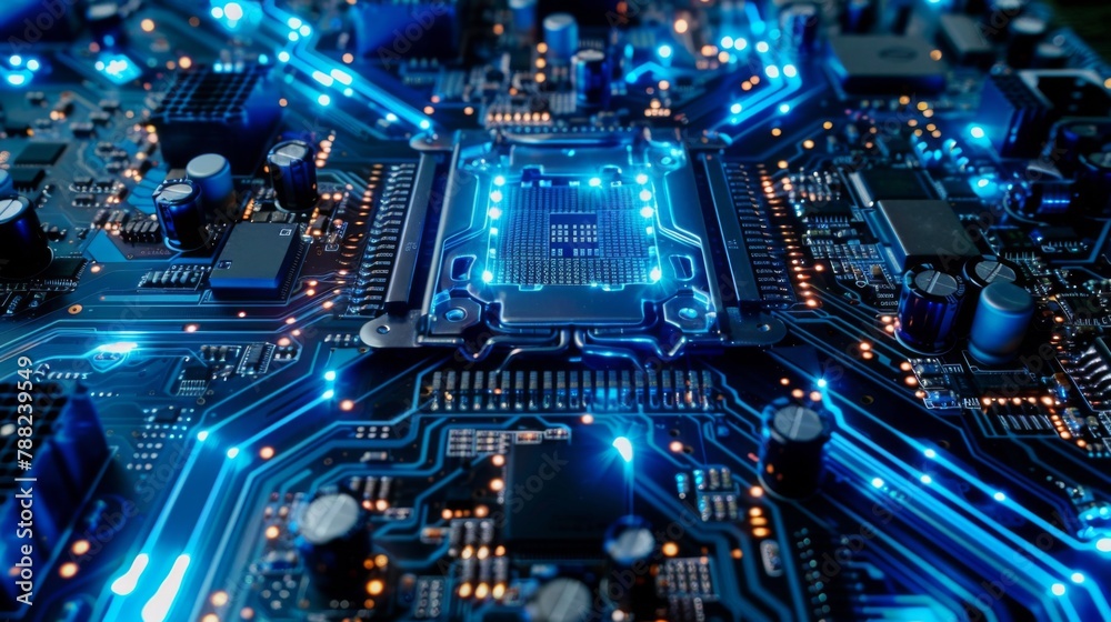 A close up of a computer motherboard with blue lights, AI