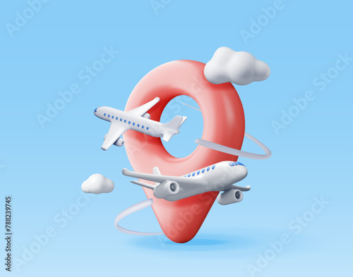 3D airplane in clouds and location pin. Render world travelling by plane. Aircraft around location pin. Time to travel concept, holiday planning. Tourist worldwide transportation. Vector illustration