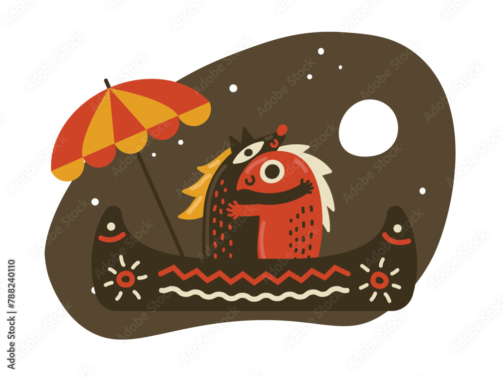Fototapeta premium Animals hugging in boat under the moon