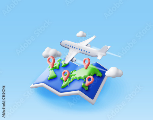3D airplane in clouds and paper map. Render world travelling by plane. World map with location pin. Time to travel concept, holiday planning. Tourist worldwide transportation. Vector illustration