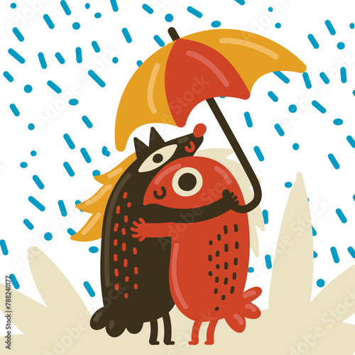 Animals hugging in the rain
