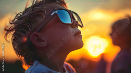 Child wearing protective glasses watching sunset. Solar eclipse viewing concept for family and educational activities