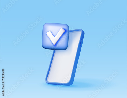 3D smartphone with blue check mark. Render checkmark on smart phone screen. Confirmation, right choice concept. Agreement, approval or trust symbol. Vector illustration