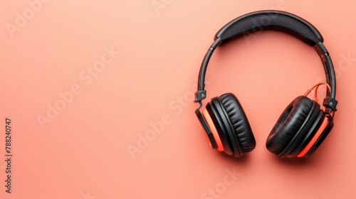 A pair of black headphones on a pink background, AI