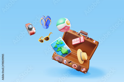 3d vintage travel bag with airline ticket, map and beach clothes. Render paper ticket with plane icon, suitcase and photo camera. Travel, holiday or vacation and transportation. Vector illustration