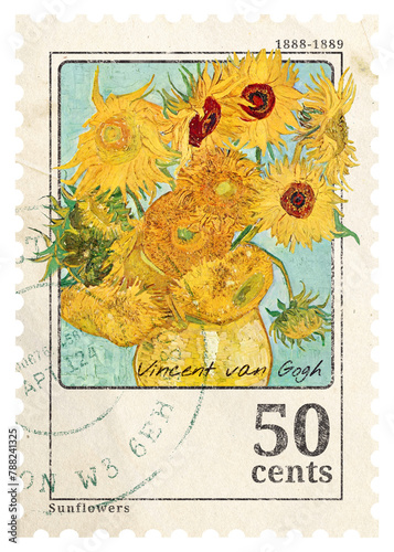 Png sunflower, Van Gogh, stamp sticker, transparent background photo