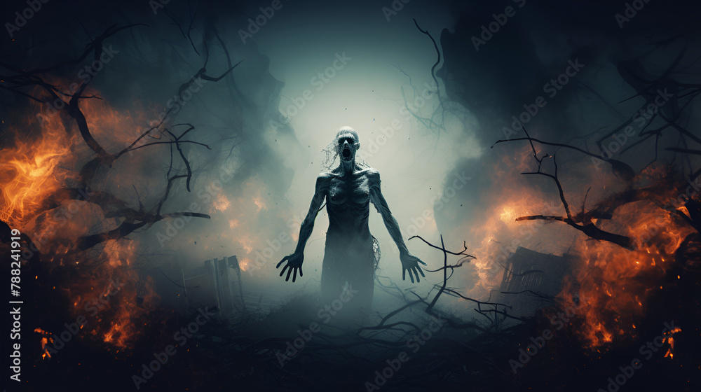  Strange Figure Stands Alone on the Haunted Road, Surrounded by Trees Engulfed in fire Flames - A Harrowing Digital Art Spectacle