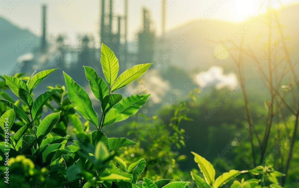 Green factory industry for good environment ozone air low carbon footprint production concept Green factory industry for good environment ozone air low carbon footprint production concept