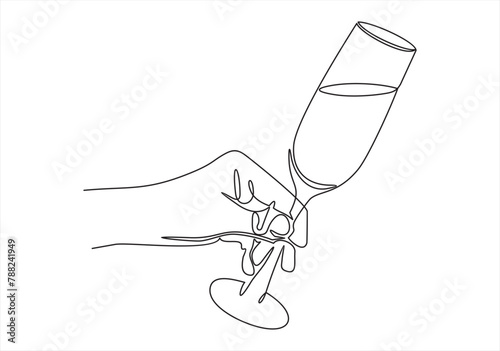 Champagne glass in human hand in continuous line art drawing style. Minimalist black linear sketch isolated on white background. Vector illustration