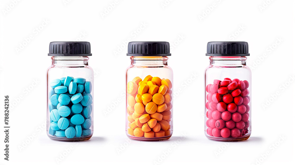 Set of various colorful tablets and capsules in different glass or plastic jars. Set of various colorful tablets and capsules in different glass or plastic jars.