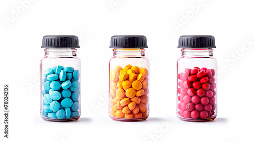 Set of various colorful tablets and capsules in different glass or plastic jars. © Татьяна Гончарук