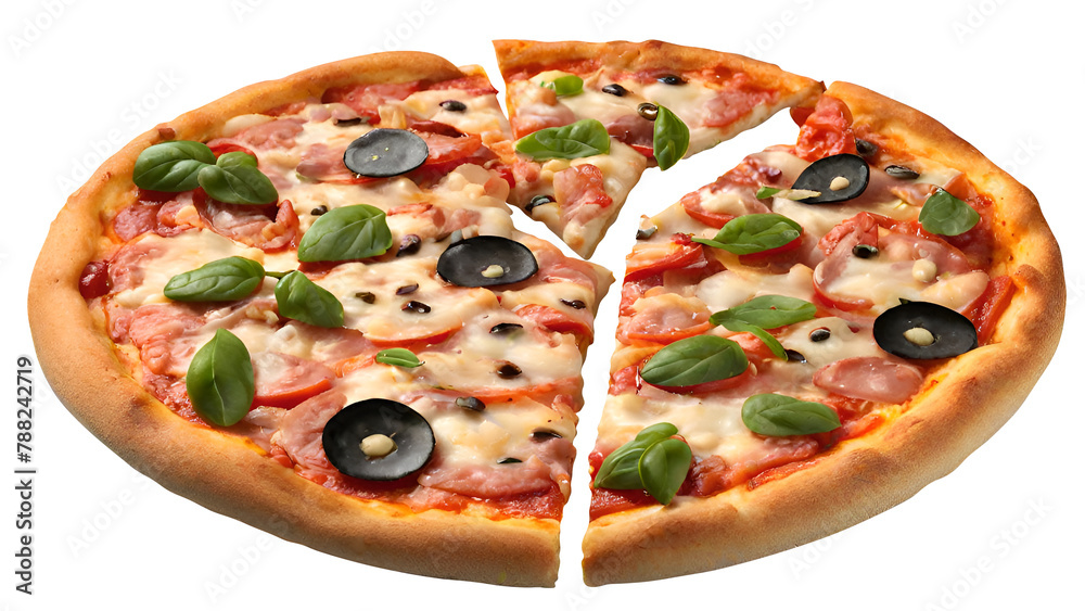 Hot and delicious pizza with salami tomatoes cheese and mushrooms ready to eat on a black wooden background. Top view. Neapolitan Pizza with tomatoes, olives and basil on black background, top view. N