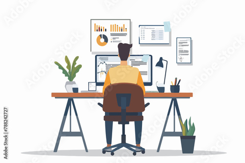 illustration of a man working on computer with graphics and tables in vector
