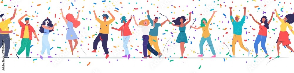 Joyful People Celebrating Together Under Colorful Confetti - Generative AI