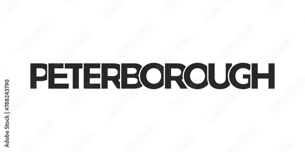 Peterborough city in the United Kingdom design features a geometric style illustration with bold typography in a modern font on white background.