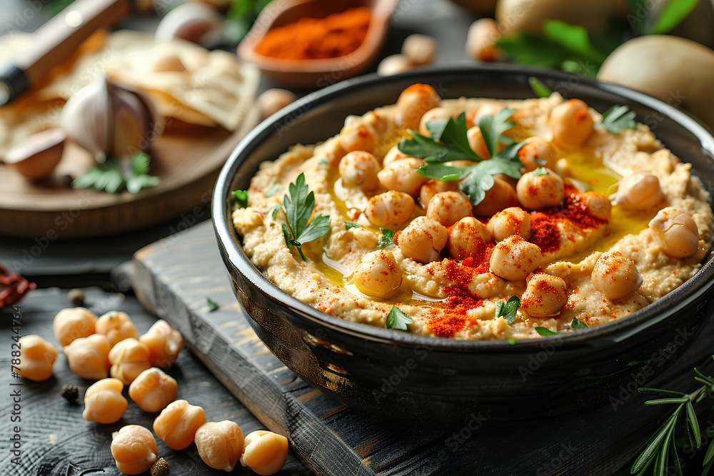 A bowl of hummus with garnishes and herbs on a wooden board next to other food professional food A bowl of hummus with garnishes and herbs on a wooden board next to other food professional food