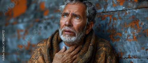 Elderly Man Experiencing Chest Discomfort, Stylishly Dressed. Concept Health Condition, Elderly Care, Fashion, Symptoms, Lifestyle
