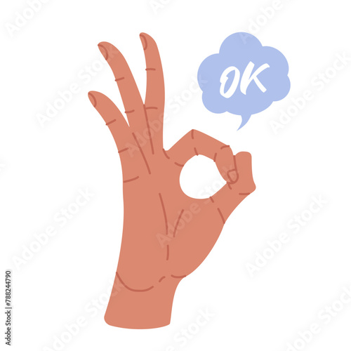 Hand showing OK. Okay fingers gesture. All right symbol. Approving sign with bubble speech