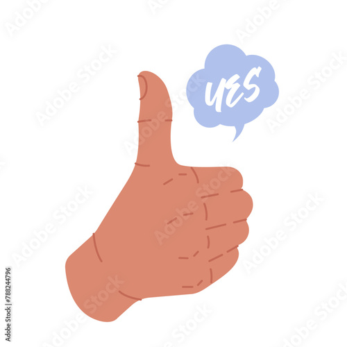 Thumb up gesture isolated on white background. Hand shows excellent sign. Good feedback symbol with bubble speach