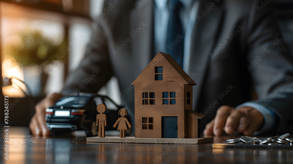 A real estate agent in business attire is holding his hands over a minor model of a house, The concept shows home protection or protective security insurance for a small apartment. home concept A real estate agent in business attire is holding his hands over a minor model of a house, The concept shows home protection or protective security insurance for a small apartment. home concept