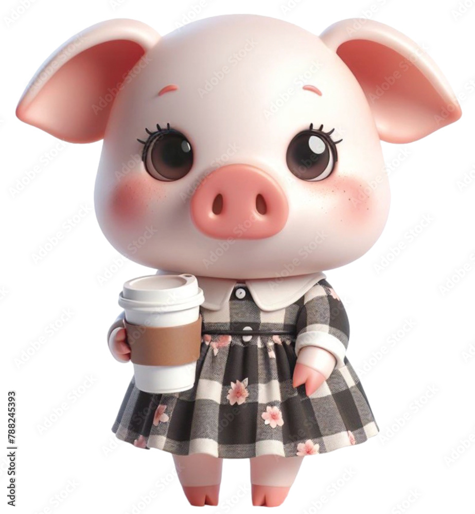 Fototapeta premium Cute pig wearing fashionable outfit standing holding a coffee cup