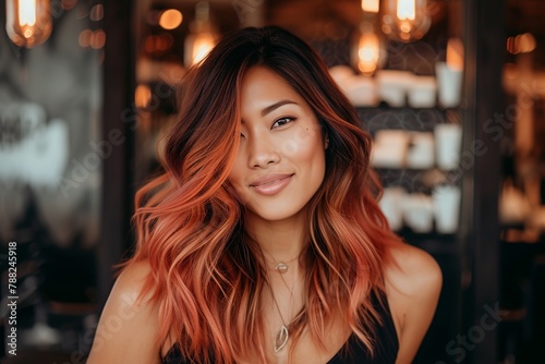 Рortrait of a beautiful Asian woman with peach-colored hair, in front of a salon on a city street, smiling and looking at the camera, with her hair dyed an orange-copper shade. Beauty and care